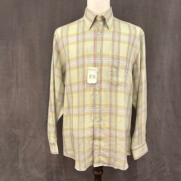 90s-00'S LLBean Short Sleeve Linen Hidden Button-Down Shirt, Men's Size L linen Blue type light blue Vintage Second Hand